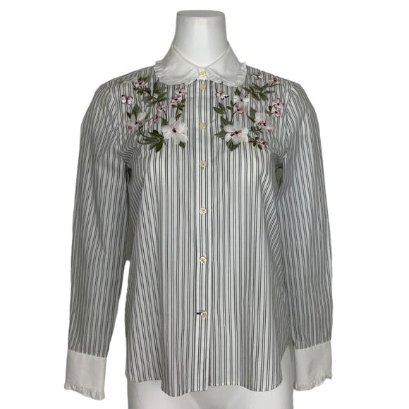 Kate Spade Embroidered Ruffle Top Blouse XS White Black Stripe Floral - Picture 1 of 14
